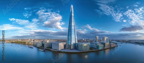 London Shard aerial view, cityscape sunrise, river