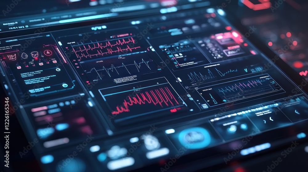 Futuristic medical dashboard displays vital signs, data analysis, in dark tech control room Futuristic medical dashboard displays vital signs, data analysis, in dark tech control room
