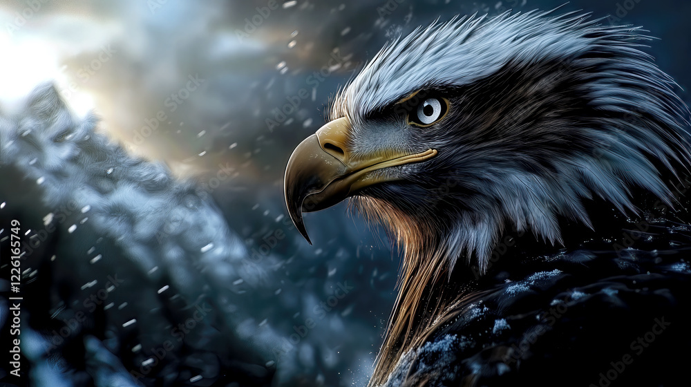 Fototapeta premium A powerful eagle stands proudly on a rocky outcrop, observing its surroundings as snow gently falls around it. The mountains loom in the background, creating a striking contrast.