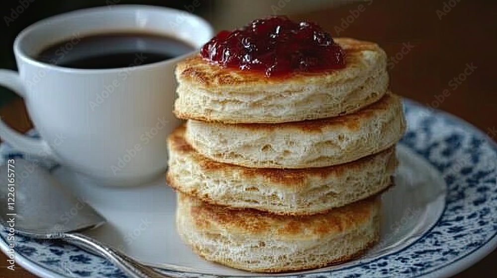 A stack of fresh, flaky biscuits served with strawberry preserves and a hot cup of coffee. #Coffee #Preserves A stack of fresh, flaky biscuits served with strawberry preserves and a hot cup of coffee. #Coffee #Preserves