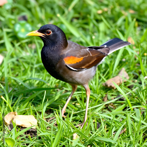 Common myna on the grass. photo