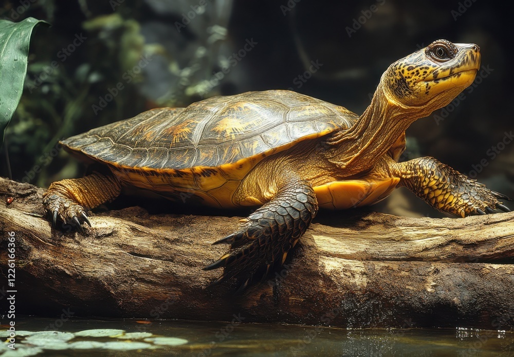 Fototapeta premium A Close-Up of a Resplendent Turtle Resting on a Log in a Serene Natural Habitat Surrounded by Lush Greenery and Clear Water Reflections