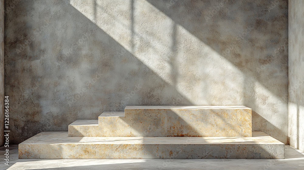 Concrete Step Platform Showcase Display With Light And Shadows In An Empty Room Interior. Concrete Step Platform Showcase Display With Light And Shadows In An Empty Room Interior.