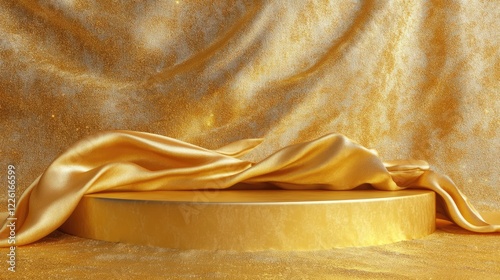 Golden luxurious fabric or cloth placed on a top pedestal or blank podium shelf on a gold background with the luxury concept. Museum or gallery backdrops for products. 3D rendering photo