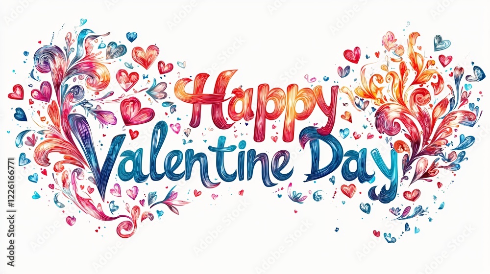 Happy Valentine Day Artistic Typography With Hearts and Swirls. Happy Valentine Day Artistic Typography With Hearts and Swirls.