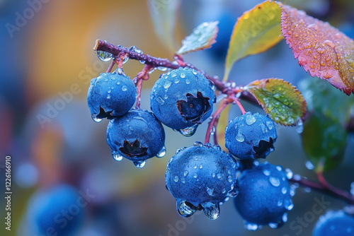 Fresh blueberries glistening with water droplets on a bush during the early morning in a garden, showcasing nature's bounty and beauty photo