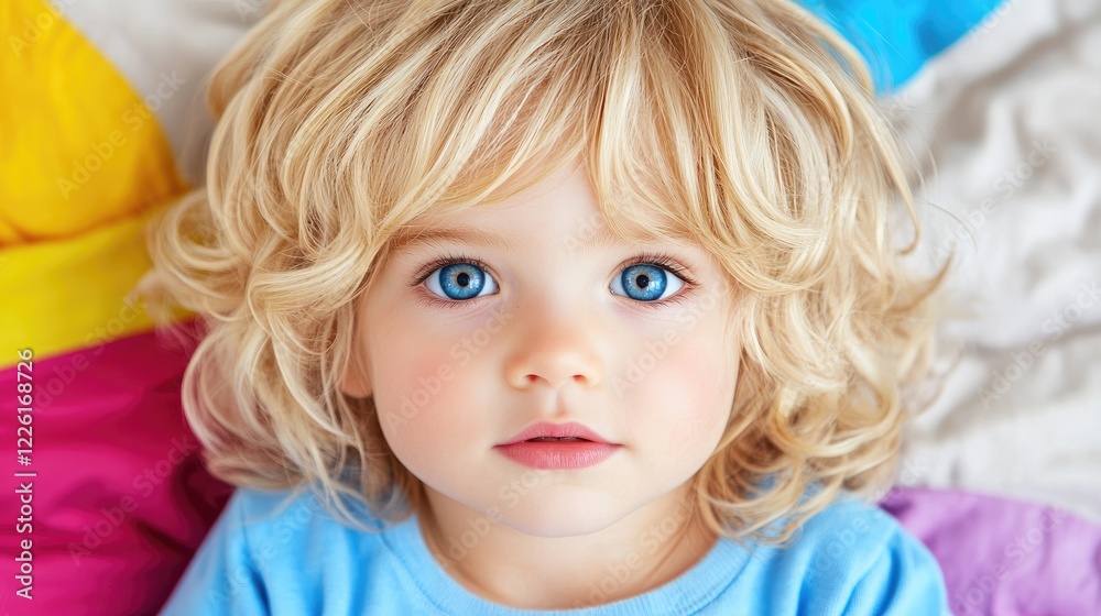 Toddler with blonde curls, blue eyes, lying on colorful fabric Toddler with blonde curls, blue eyes, lying on colorful fabric