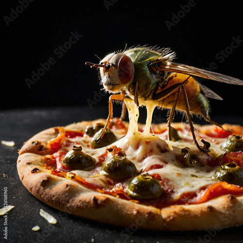 flies land on pizza, ai generated 