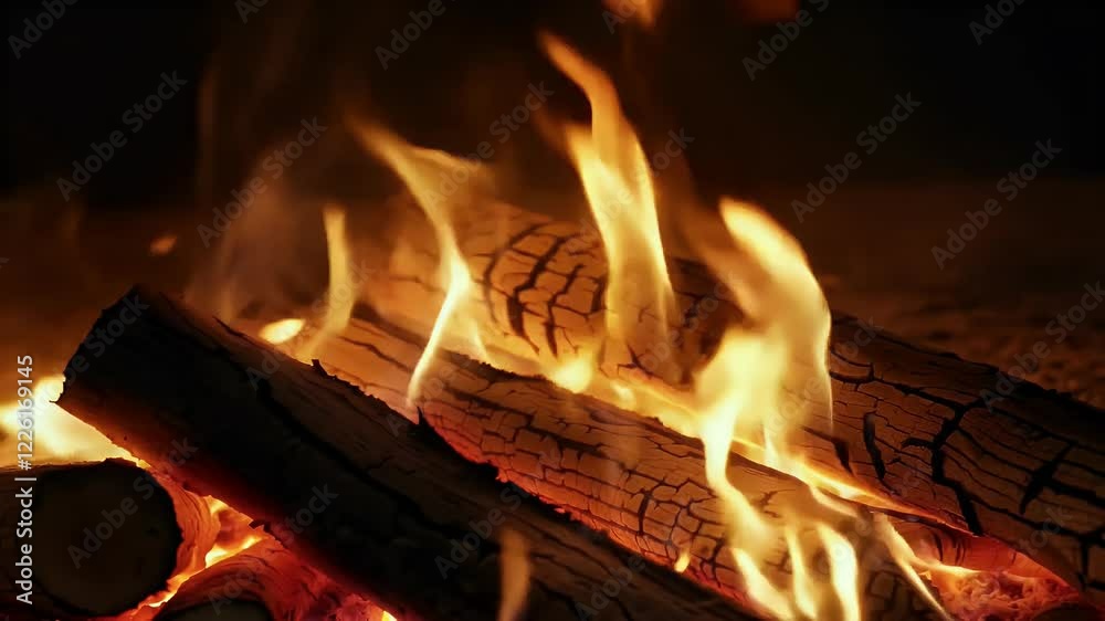 Captivating close up footage of crackling fire logs with glowing flames and ashes filmed in slow motion for a cozy detailed effect