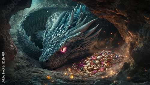 Majestic dragon guarding treasure within a rocky cave illuminated by mystical light