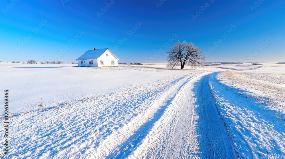 Winter landscape snowy field, white house, lone tree, road; ideal for winter travel brochures Winter landscape snowy field, white house, lone tree, road; ideal for winter travel brochures