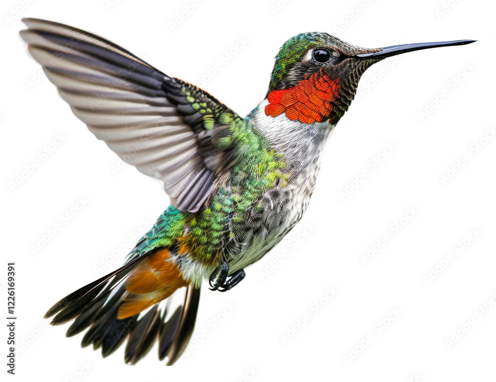 Fototapeta premium Vibrant hummingbird in mid-flight near flowers isolated on transparent background