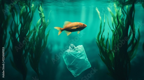 Ocean's Silent Threat: A lone fish swims amidst vibrant seaweed, its serene journey tragically interrupted by a discarded plastic bag, a stark reminder of human impact on marine life.  photo