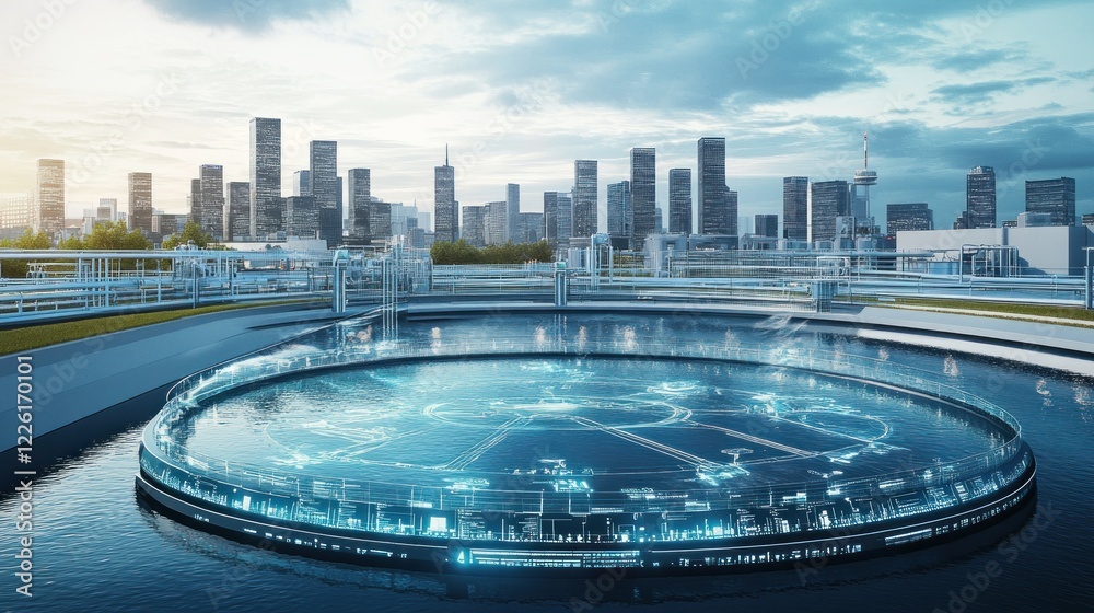 Naklejka premium Smart city water system control, futuristic display, urban skyline