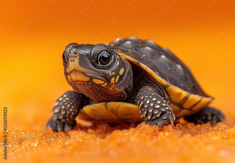 Obraz premium Adorable turtle with intricate patterns and vibrant colors crawling on textured surface of orange hue, showcasing nature's beauty and wildlife charm
