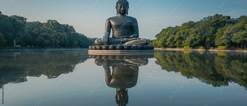 Naklejka premium Majestic Buddha statue serenely sits overlooking a tranquil lake. Its reflection mirrors perfectly in the still water, surrounded by lush green trees. Peaceful scene.