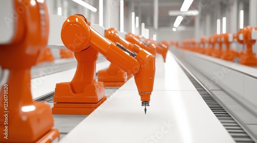 Orange robotic arms working on a production line in a modern factory setting photo