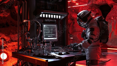 Astronaut working at control station in futuristic spacecraft with red lighting photo