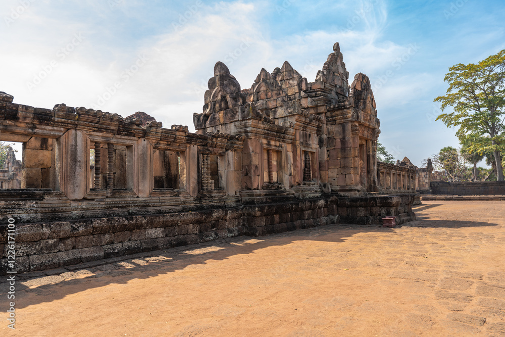 Lintel of the main castle, made of sandstone, carved with images in an ancient site, Ancient architecture Sand Stone Castle in Buriram province, Thailand, Prasat Muang Tam Khmere architectural site.