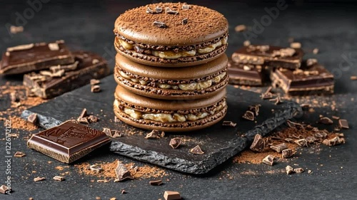 Indulge in Sweet Cho te Macarons Gourmet Dessert Treat with Cocoa and Confectionery Delights Stacked on Slate Plate.
