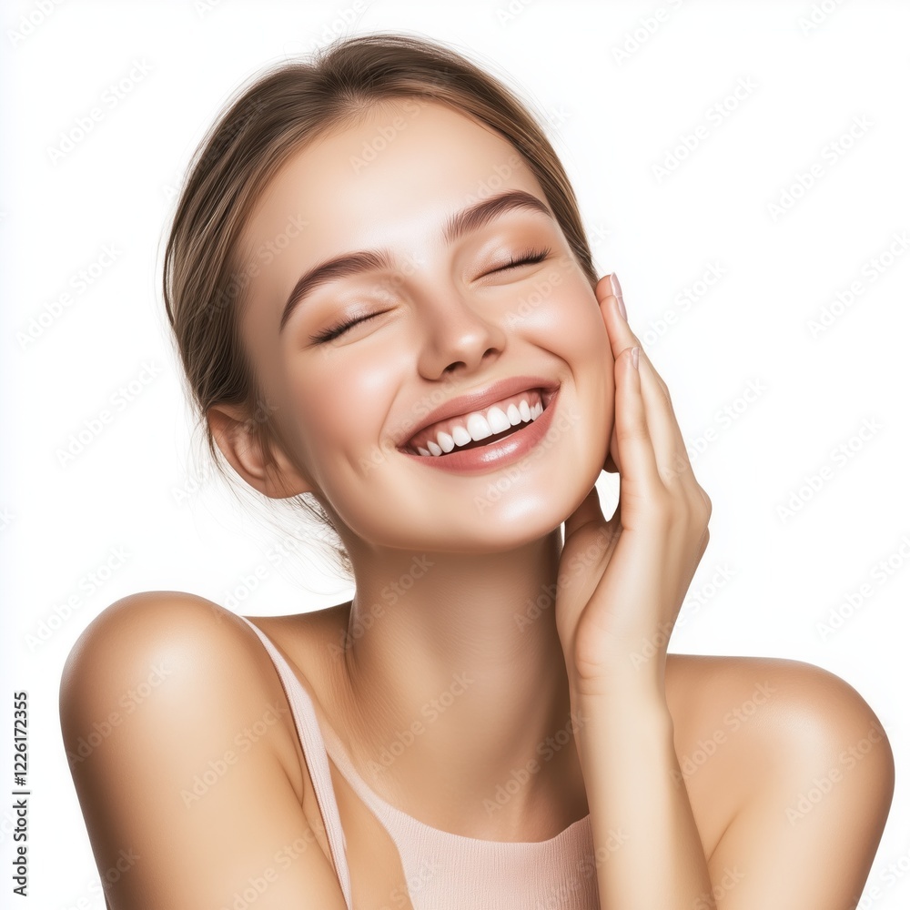 Young woman with satisfaction emotion skincare beauty concept Young woman with satisfaction emotion skincare beauty concept