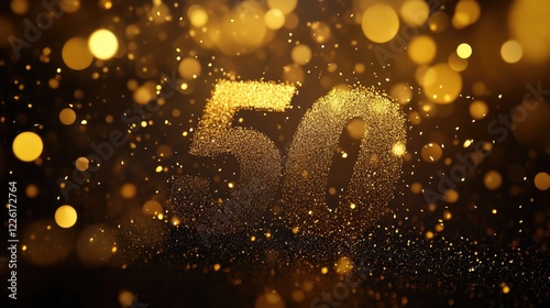 Golden sparkling number fifty on dark background with bokeh lights. Symbol 50. Invitation for a fiftieth birthday party or business anniversary. photo