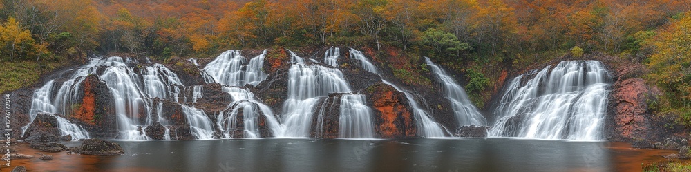 Obraz premium Breathtaking Autumn Waterfall Landscape with Vibrant Foliage Hraunfossar Iceland Orange Leaves Peaceful Flowing Stream Nature Photography Scenic Beauty Travel