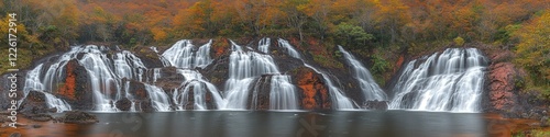 Breathtaking Autumn Waterfall Landscape with Vibrant Foliage Hraunfossar Iceland Orange Leaves Peaceful Flowing Stream Nature Photography Scenic Beauty Travel