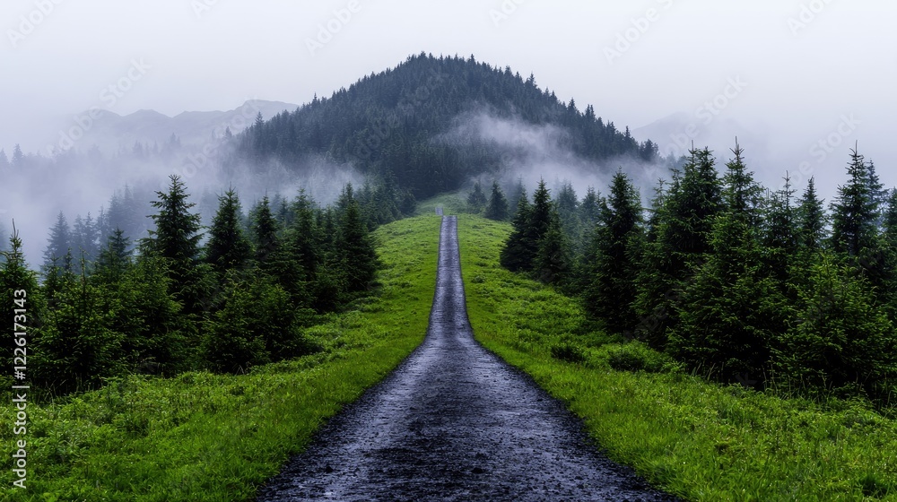 Obraz premium Misty mountain road leading to peak. Travel, nature, landscape photography