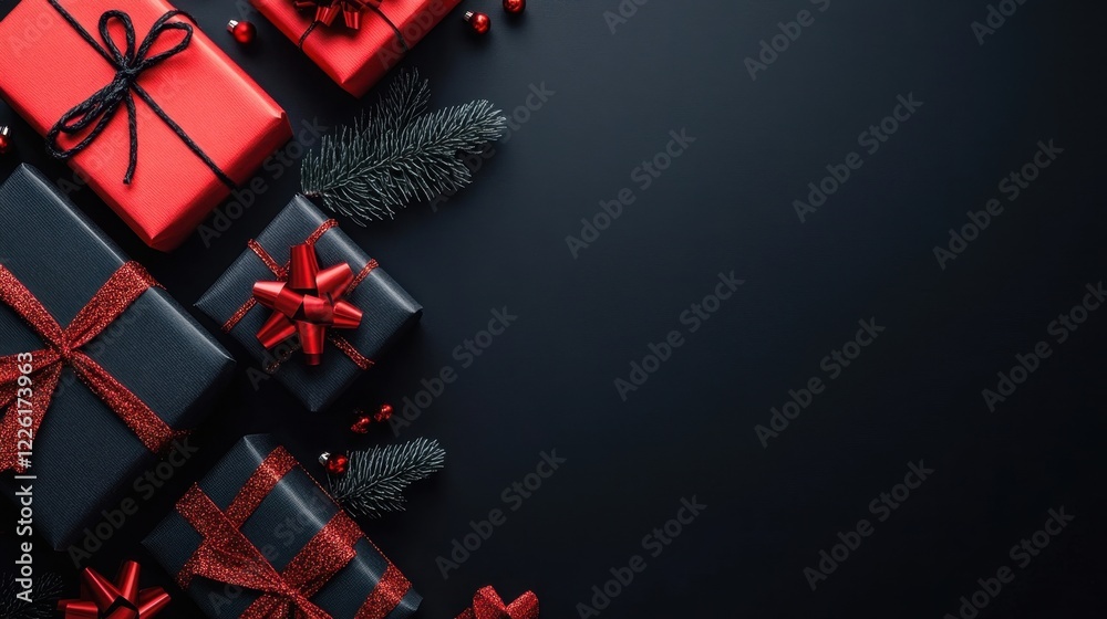Fototapeta premium Red and black gifts arranged artistically against a dark background.