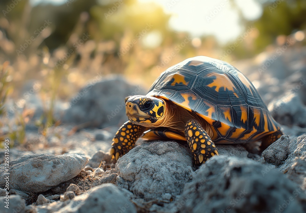 Obraz premium Captivating Close-Up of a Colorful Tortoise in Natural Habitat Under Soft Golden Light on a Rocky Surface