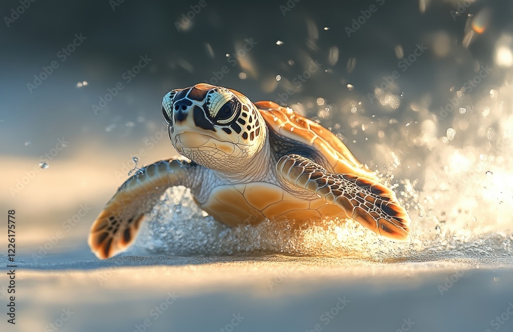 Obraz premium Captivating Image of a Sea Turtle Gliding Through Water with Sparkling Drops and a Soft Sandy Background
