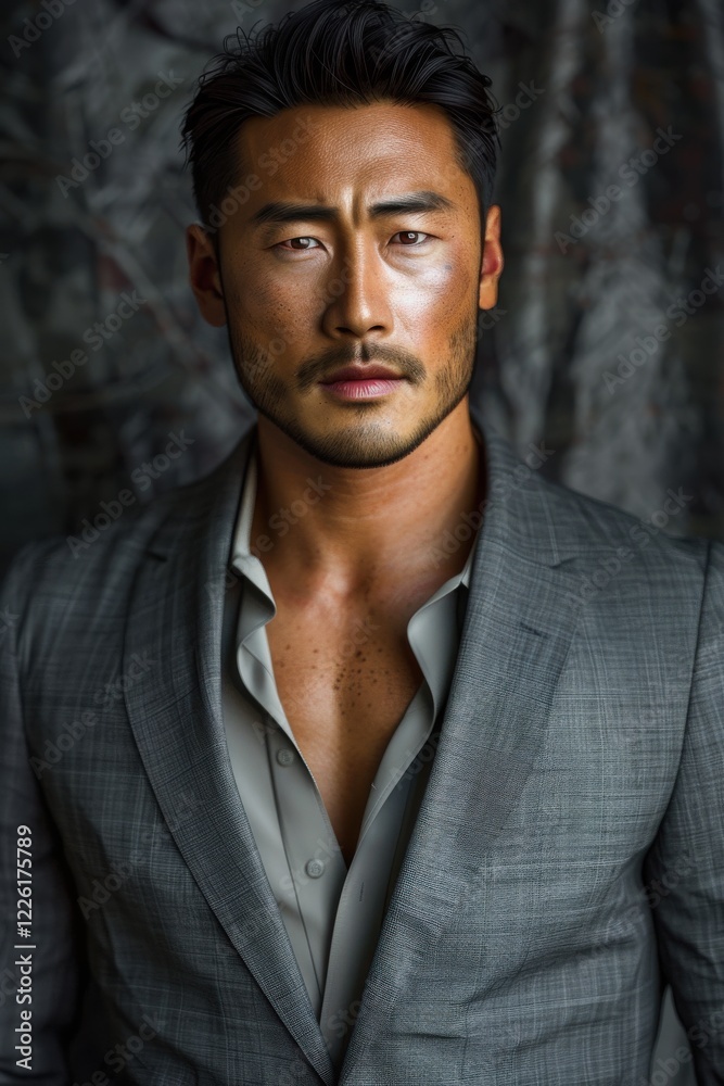 Serious Asian man in a gray suit. Subtle stubble, detailed skin. Cinematic lighting, textured dark background. Modern, sharp image. Serious Asian man in a gray suit. Subtle stubble, detailed skin. Cinematic lighting, textured dark background. Modern, sharp image.