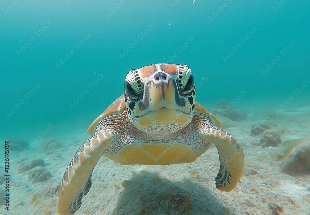 Obraz premium Captivating Green Sea Turtle Swimming Gracefully Underwater in Crystal Clear Ocean Water Environment