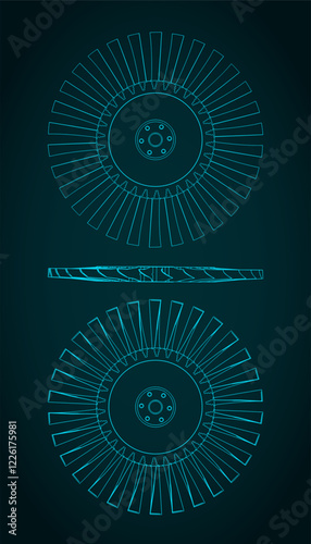 Compressor blisk and turbine blades blueprints illustration