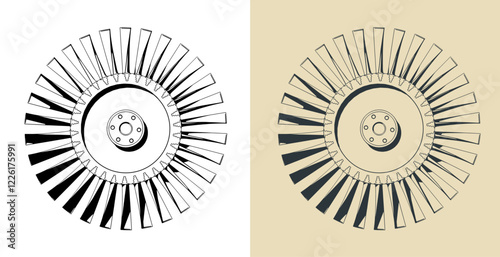Compressor blisk and turbine blades illustrations