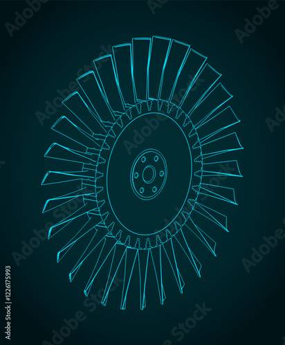 Compressor blisk and turbine blades isometric blueprint