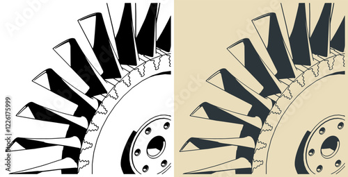 Compressor blisk and turbine blades close-up