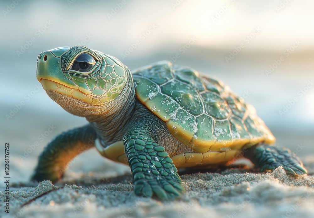 Close-up of a baby green sea turtle crawling on sandy beach under soft sunlight creating a serene and peaceful coastal atmosphere Close-up of a baby green sea turtle crawling on sandy beach under soft sunlight creating a serene and peaceful coastal atmosphere