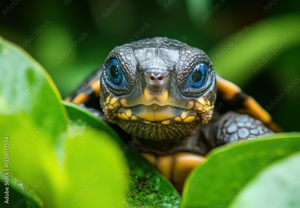 Close-Up of a Colorful Baby Turtle Hiding Among Lush Green Leaves in a Vibrant Natural Setting Close-Up of a Colorful Baby Turtle Hiding Among Lush Green Leaves in a Vibrant Natural Setting