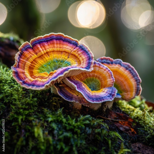 Rainbow-colored mushrooms with rings sit among forest greenery, surrounded by soft focus bokeh lights, showcasing nature's vibrant diversity in a fantastical and dreamy way. photo