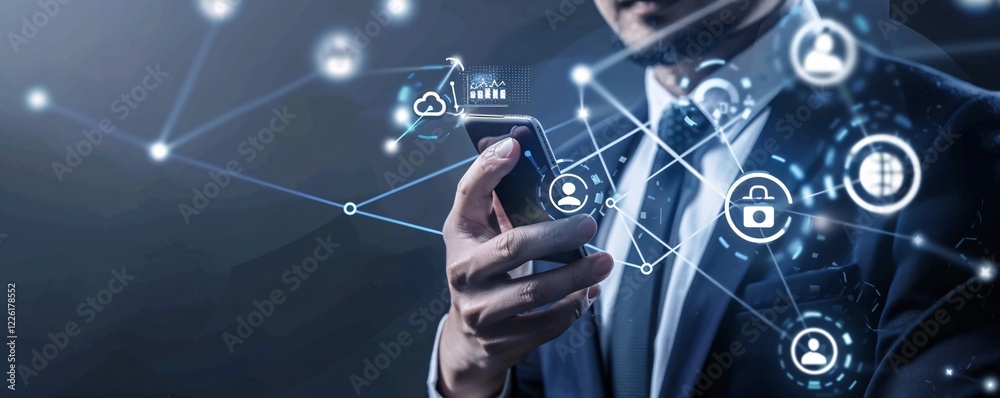 Fototapeta premium Businessman holds a smartphone with a network of global connections and data icons