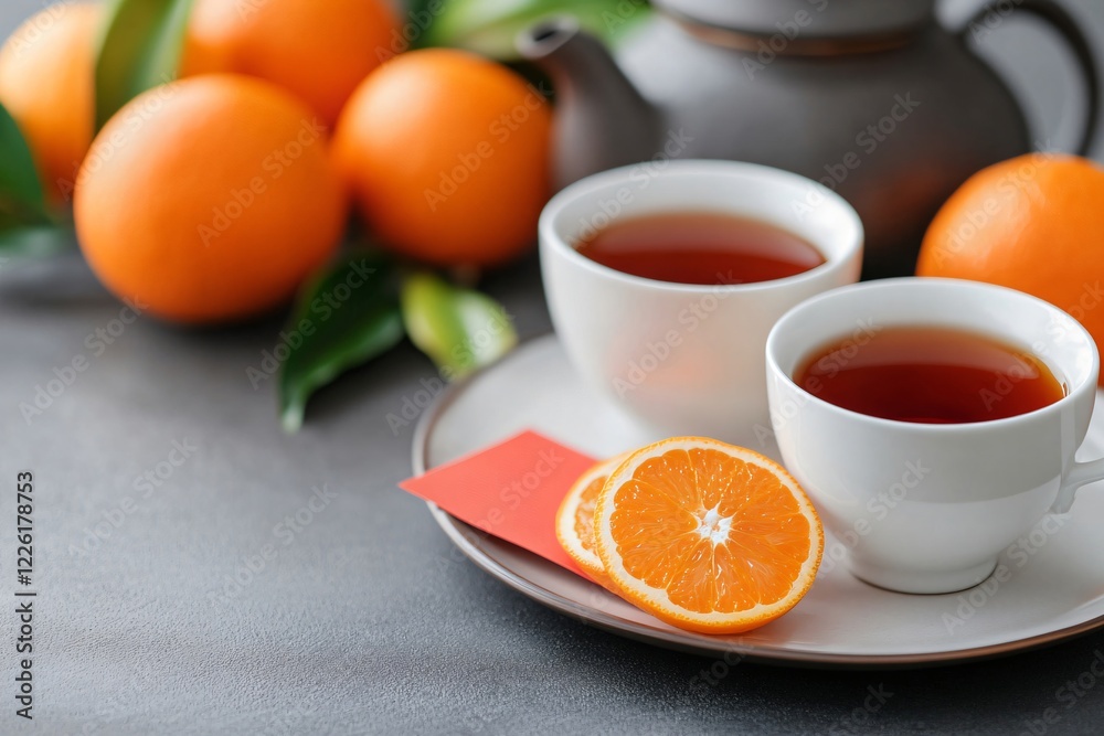 Two cups of tea, black teapot, tangerines and red cards with wishes on the table. Traditional Chinese New Year celebration concept. Symbol of good luck, wealth and prosperity Two cups of tea, black teapot, tangerines and red cards with wishes on the table. Traditional Chinese New Year celebration concept. Symbol of good luck, wealth and prosperity