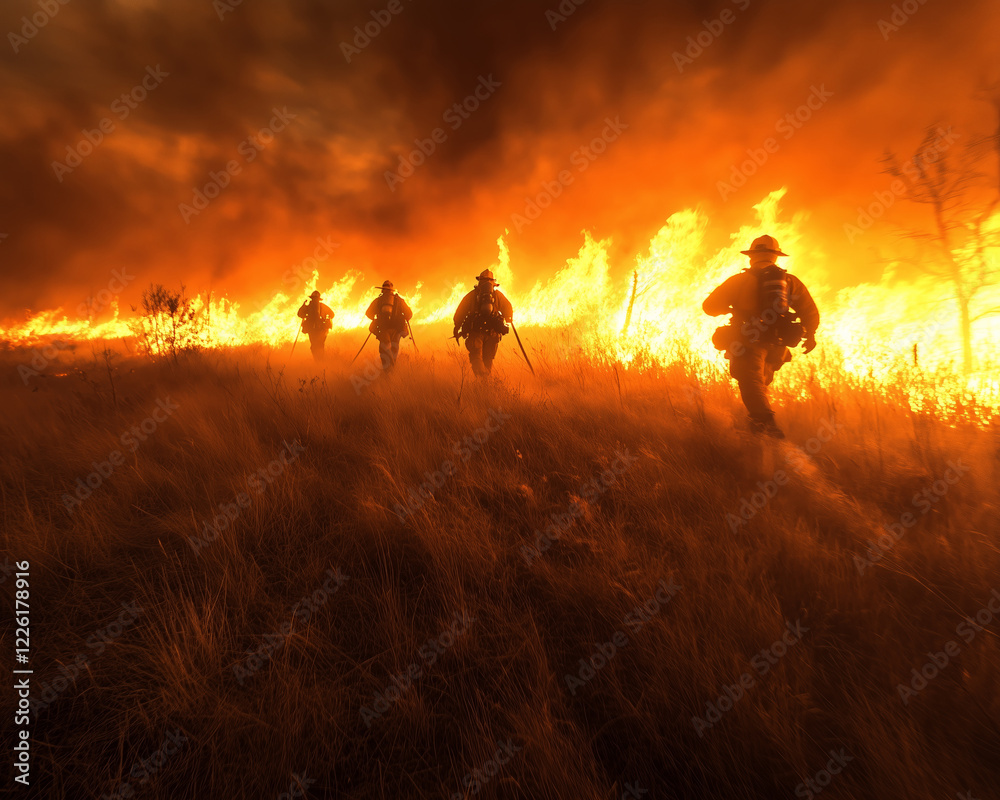 Fototapeta premium Illustration of firefighters battling a wildfire. 