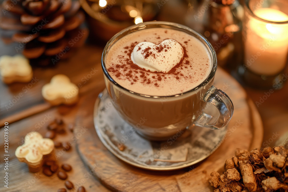 Warm mug of hot cocoa with whipped cream and heart design on top, surrounded by cozy decor and Christmas elements, perfect for a winter evening Warm mug of hot cocoa with whipped cream and heart design on top, surrounded by cozy decor and Christmas elements, perfect for a winter evening