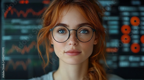 Red haired woman wearing glasses in front of a screen photo