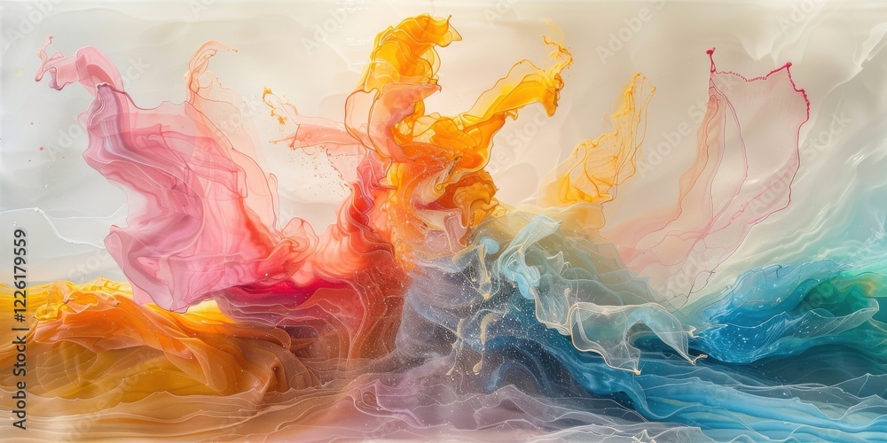 Fototapeta premium Translucent marbled colors flow across the canvas. Fluid, graceful shapes in vibrant hues create a modern art masterpiece. A dreamy blend of pink, orange, and blue.