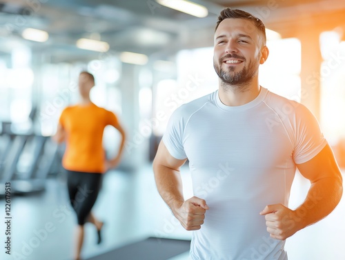 A cheerful man jogging in a modern gym, radiating positivity and motivation. His commitment to fitness showcases the energetic atmosphere of a healthy lifestyle. photo