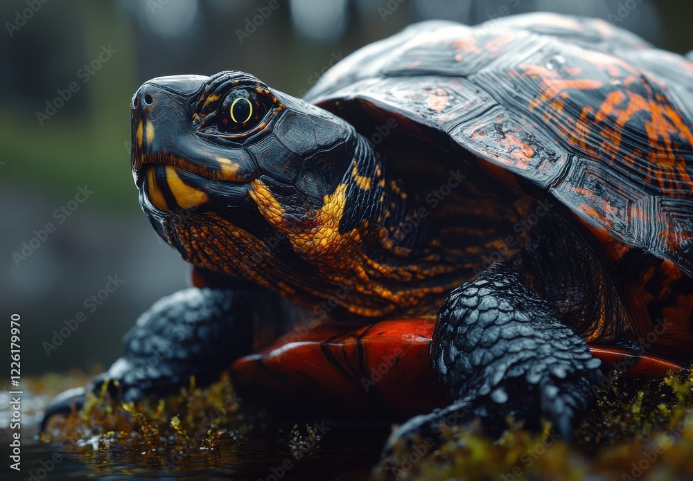 Close-Up of a Colorful Turtle with Vibrant Shell Resting on Mossy Rock by Water's Edge in a Tranquil Natural Setting Close-Up of a Colorful Turtle with Vibrant Shell Resting on Mossy Rock by Water's Edge in a Tranquil Natural Setting