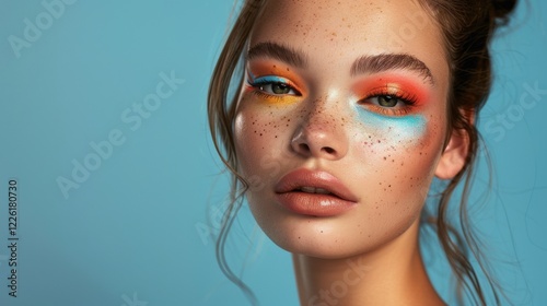 Vibrant colorful eyeshadow gradient makeup.  Confident model with stylish bun hairstyle. Artistic beauty shot against a blue backdrop. Freckles add natural charm.
